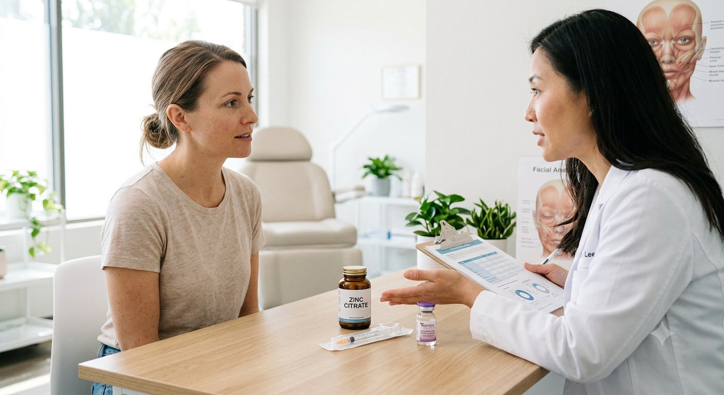 Client receiving cosmetic facial treatment results at York Wellness Aesthetics clinic.