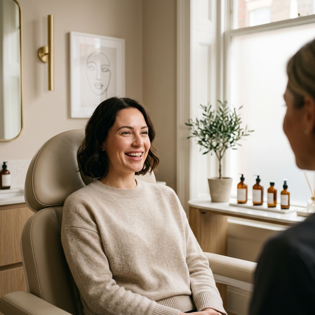 Smiling client relaxing in treatment chair during a lip filler consultation at York Wellness Aesthetics in Richmond Hill
