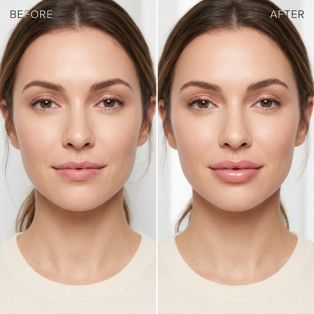 Before and after photo showing fuller, more defined lips after hyaluronic acid lip filler treatmen