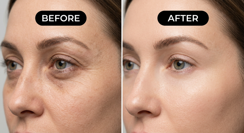 Before and after results of Jalupro Young Eye treatment showing smoother under-eye skin and reduced fine lines